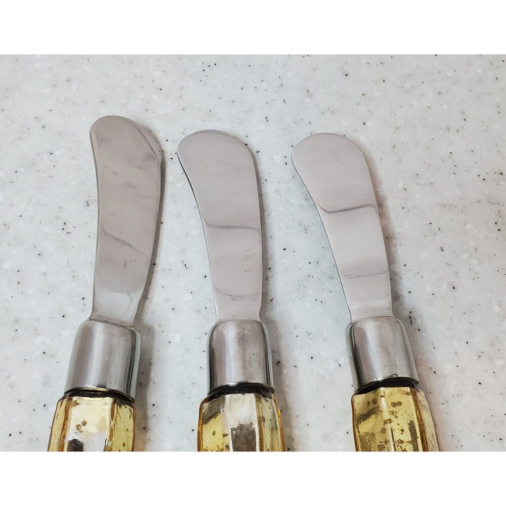 Set of 3 Gold Mercury Glass Spreader Knives Silver Tone Hex Handle 6" - Picture 2 of 4